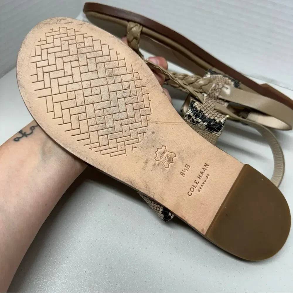 Cole Haan Grand Series Strappy Leather Sandals Women 8.5 Snake Print Cream Beach